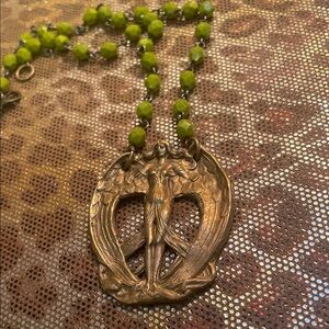 Vintage Style Gold Pendant Necklace with Green Beads